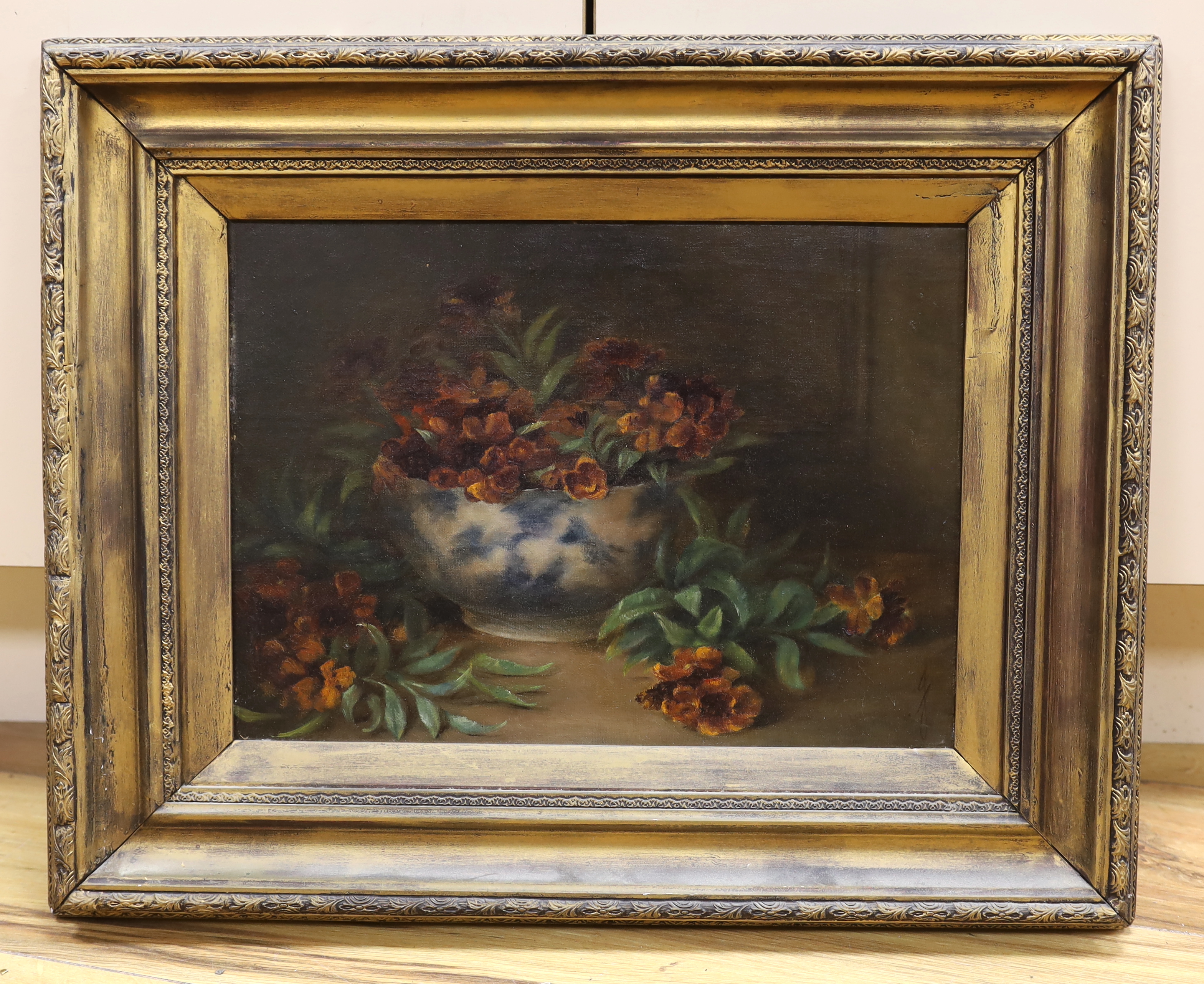 English School, oil on canvas, Still life of flowers in a bowl, indistinctly signed with monogram, 27 x 37cm